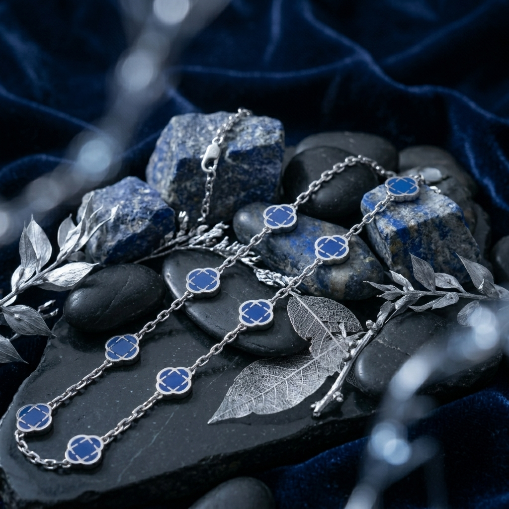 Silver Blue Crystal Clover Leaf Pendant Necklace