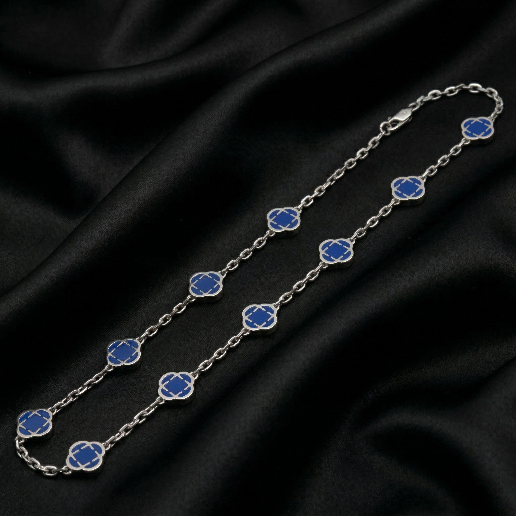 Silver Blue Crystal Clover Leaf Pendant Necklace