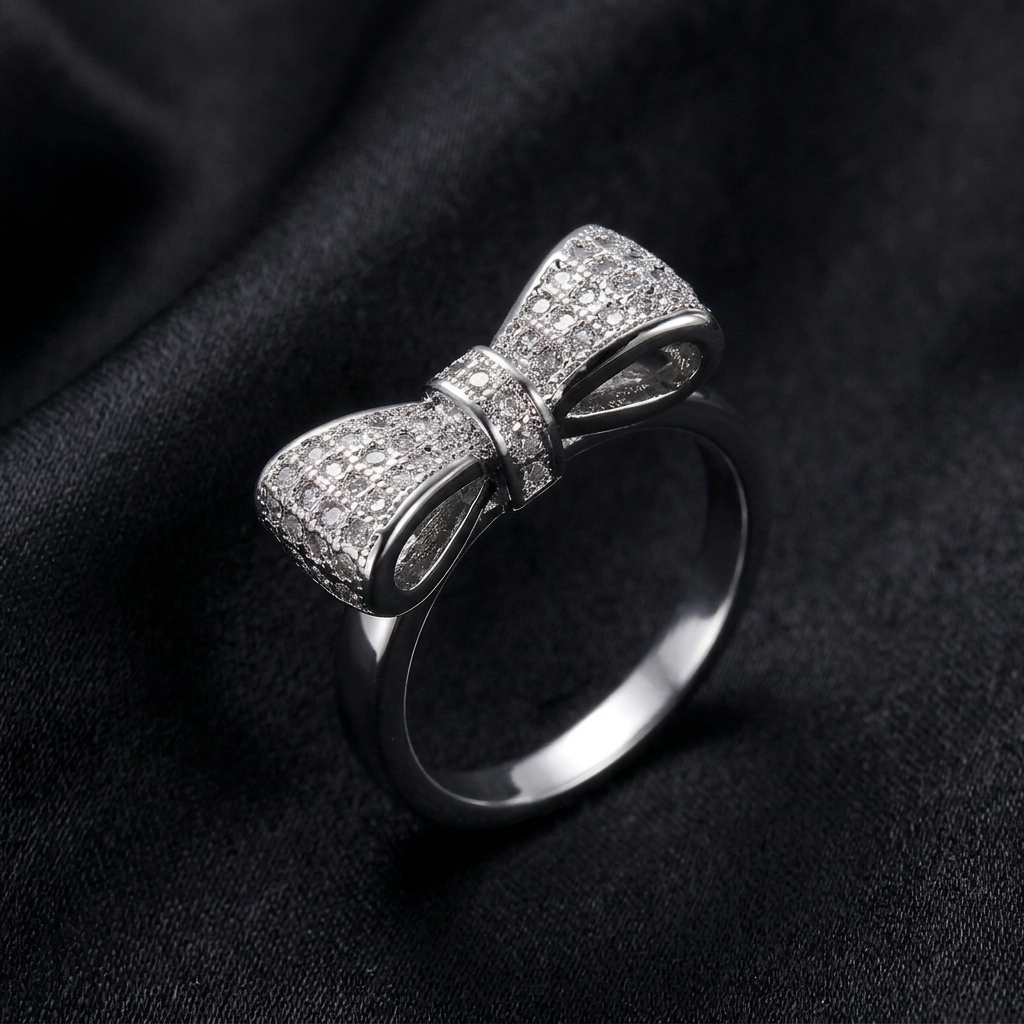 Silver Sparkling Crystal Pave Bow Ribbon Ring