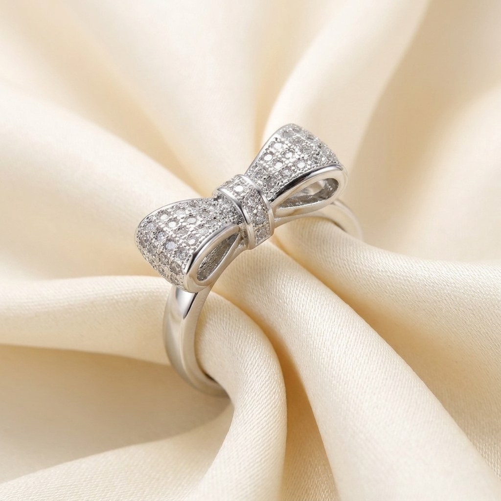 Silver Sparkling Crystal Pave Bow Ribbon Ring