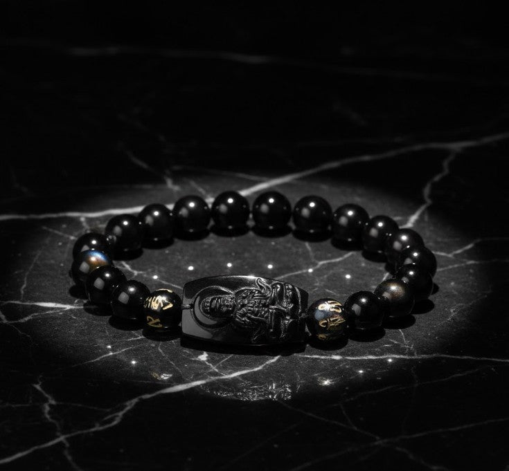 Natural Black Obsidian Buddha Beaded Healing Bracelet