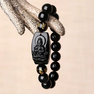Natural Black Obsidian Buddha Beaded Healing Bracelet