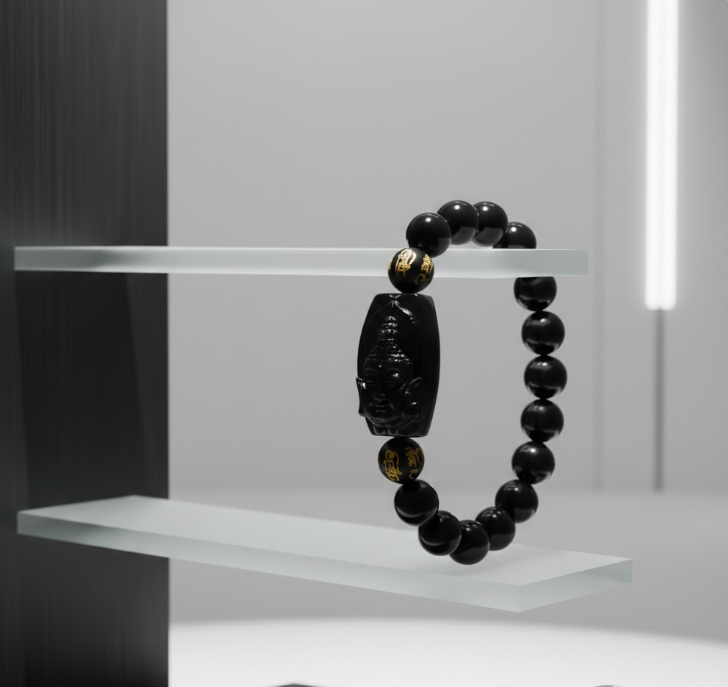 Natural Black Obsidian Buddha Beaded Healing Bracelet
