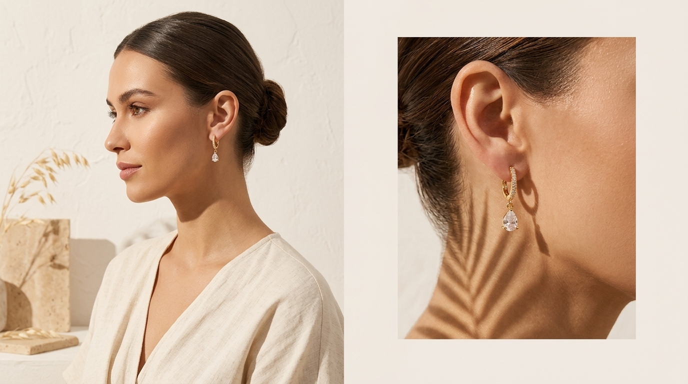 Gold Birthstone Pave Huggie Hoops with Pear Charm
