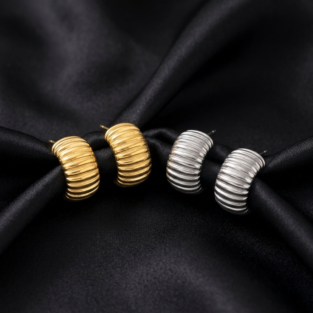 Gold and Silver Ribbed Croissant Hoop Earrings