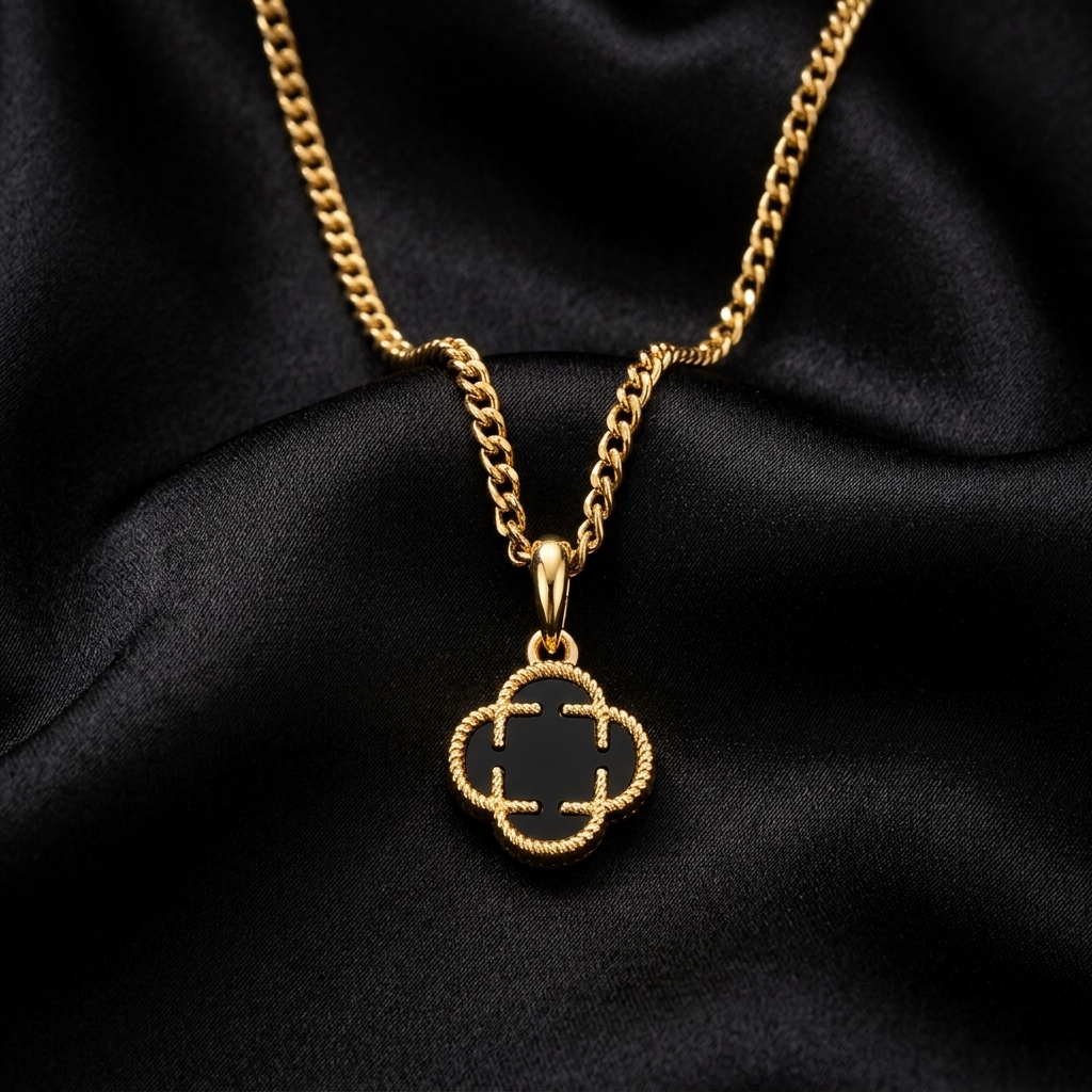 Gold Black Enamel Four Leaf Clover Necklace