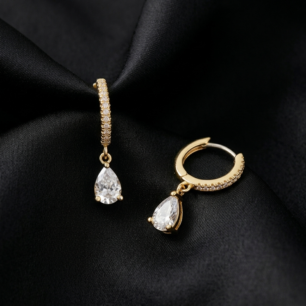 Gold Birthstone Pave Huggie Hoops with Pear Charm