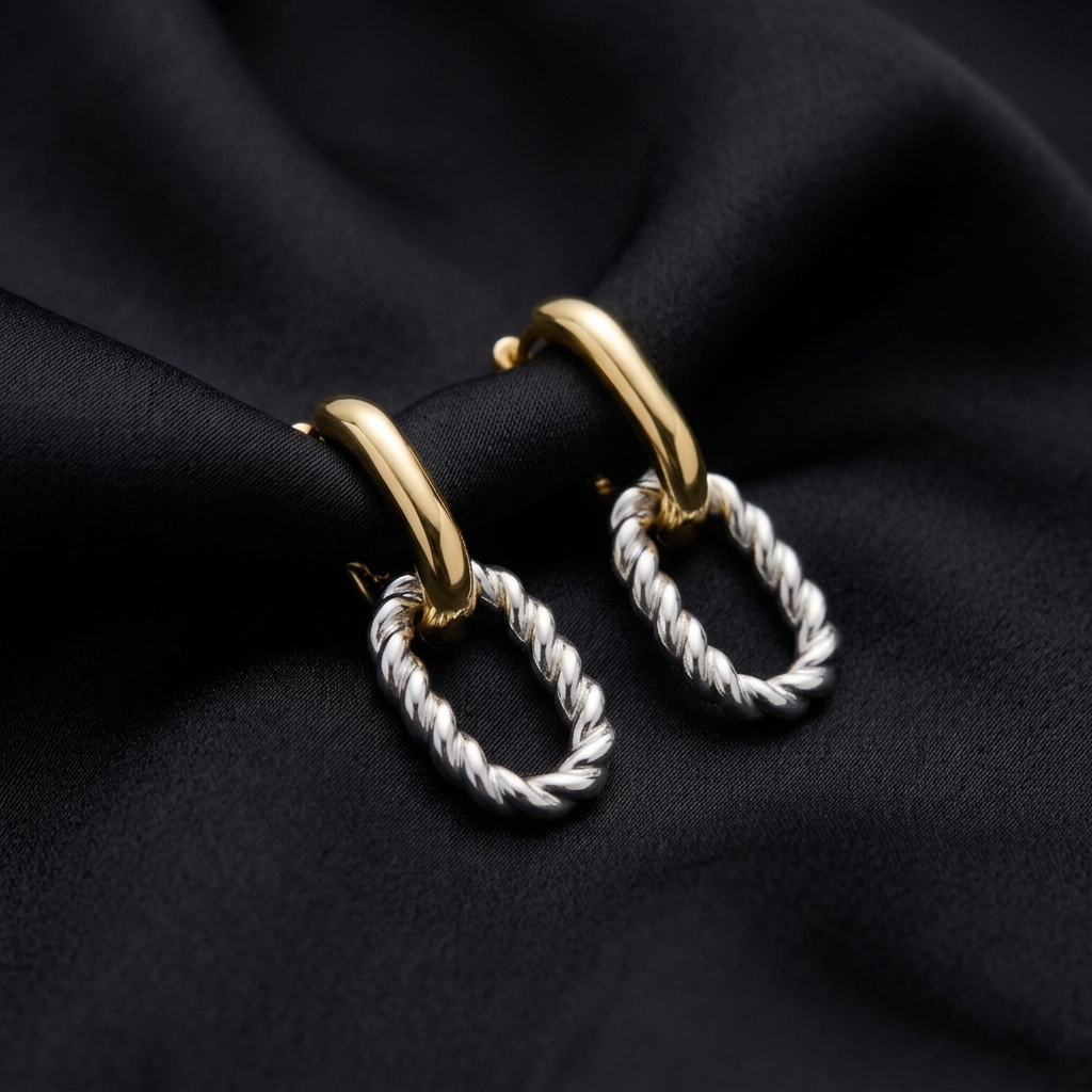 Two-Tone Twisted Rope Link Hoop Drop Earrings