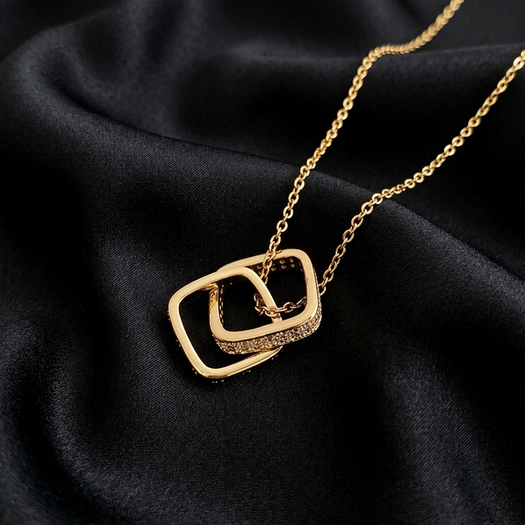 Gold Open Square Double Ring Link Pendant Necklace