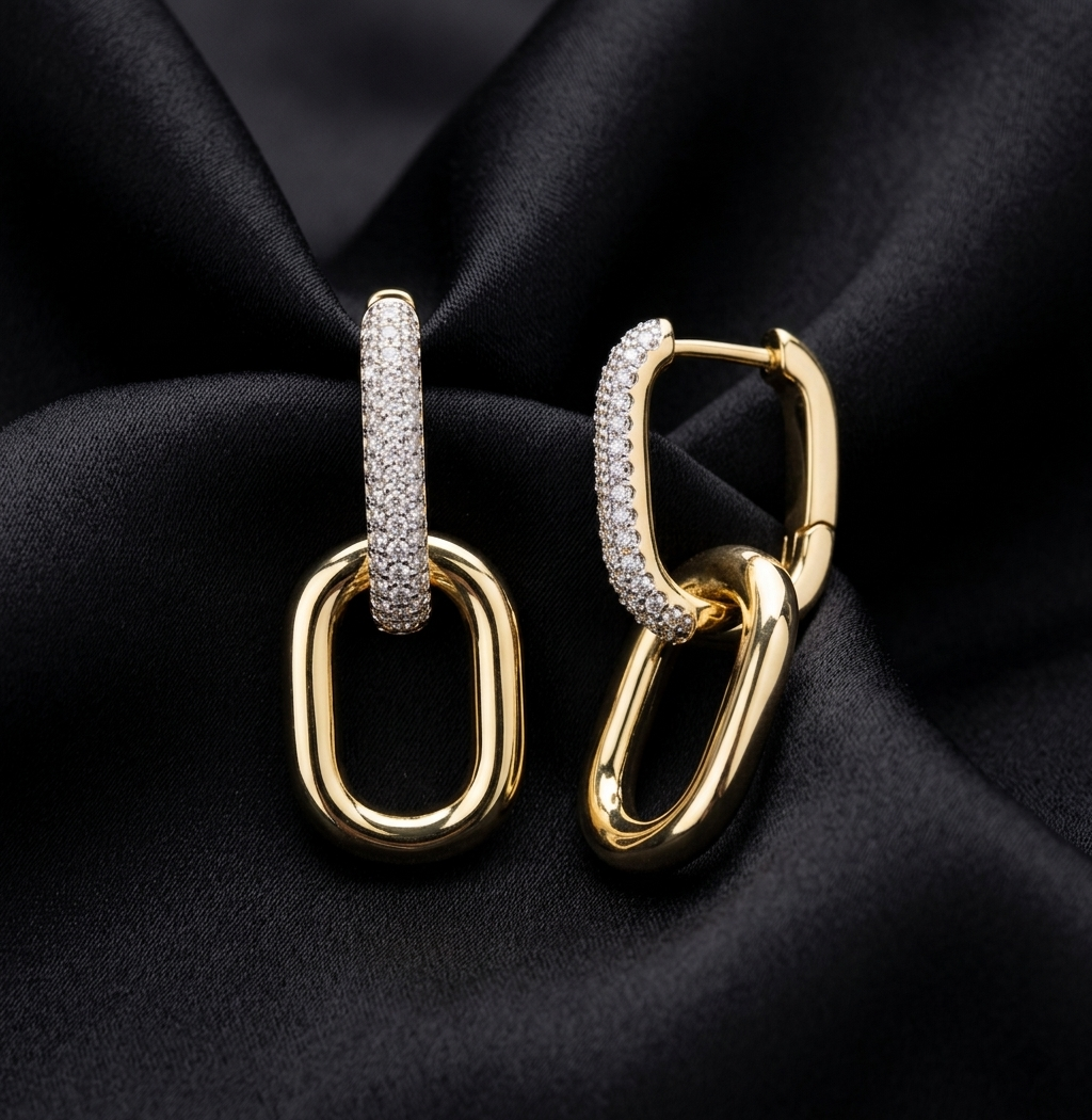 Gold Pave Crystal Paperclip Link Drop Earrings