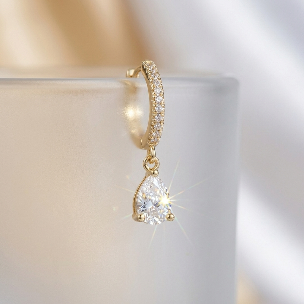 Gold Birthstone Pave Huggie Hoops with Pear Charm