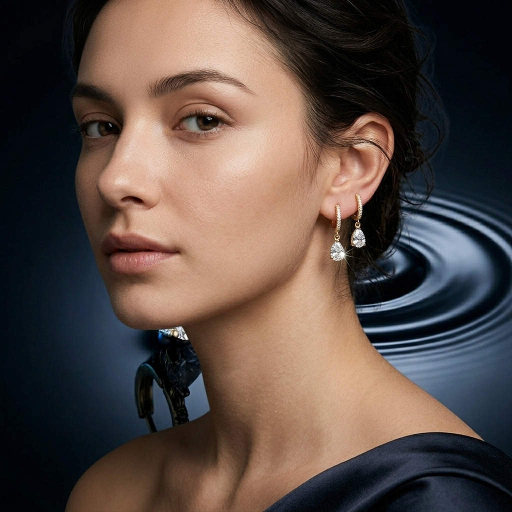 Gold Birthstone Pave Huggie Hoops with Pear Charm