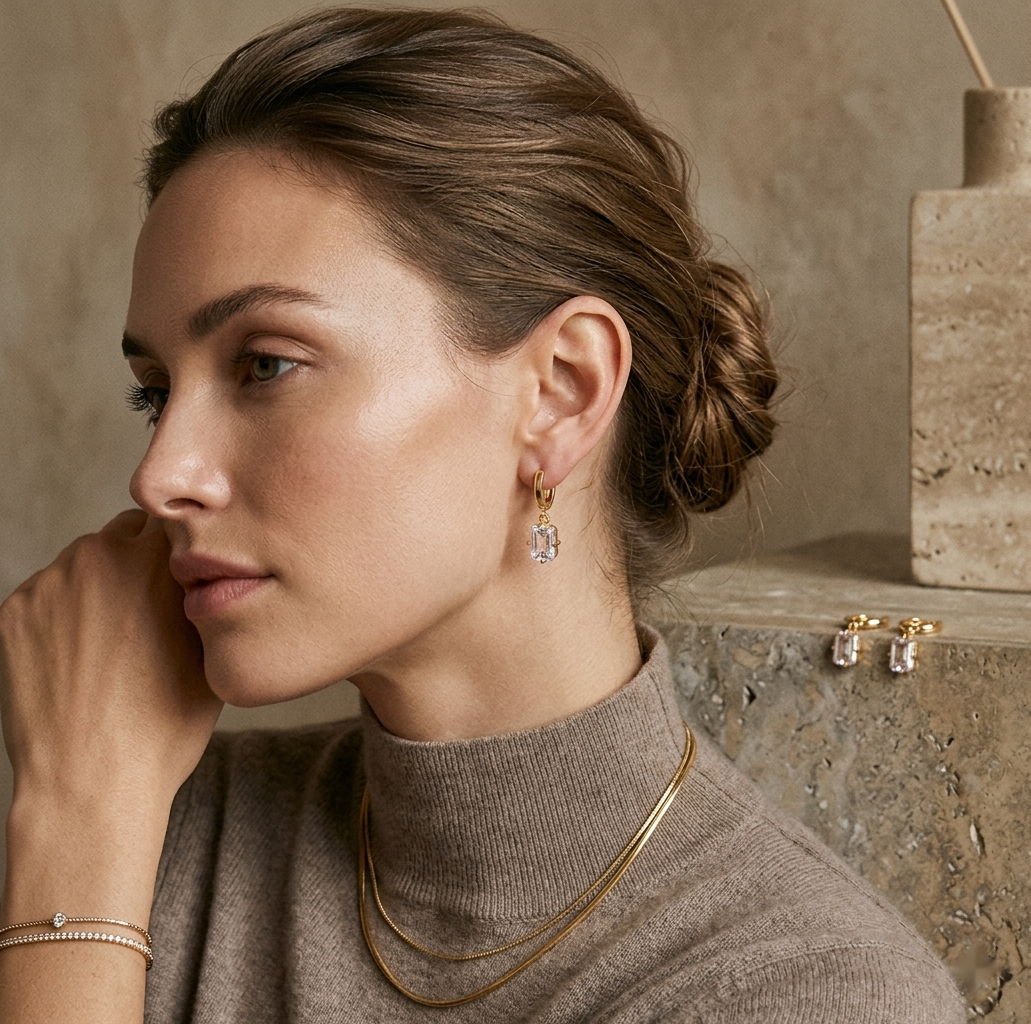 Emerald-Cut Drop Huggie Hoops Earrings