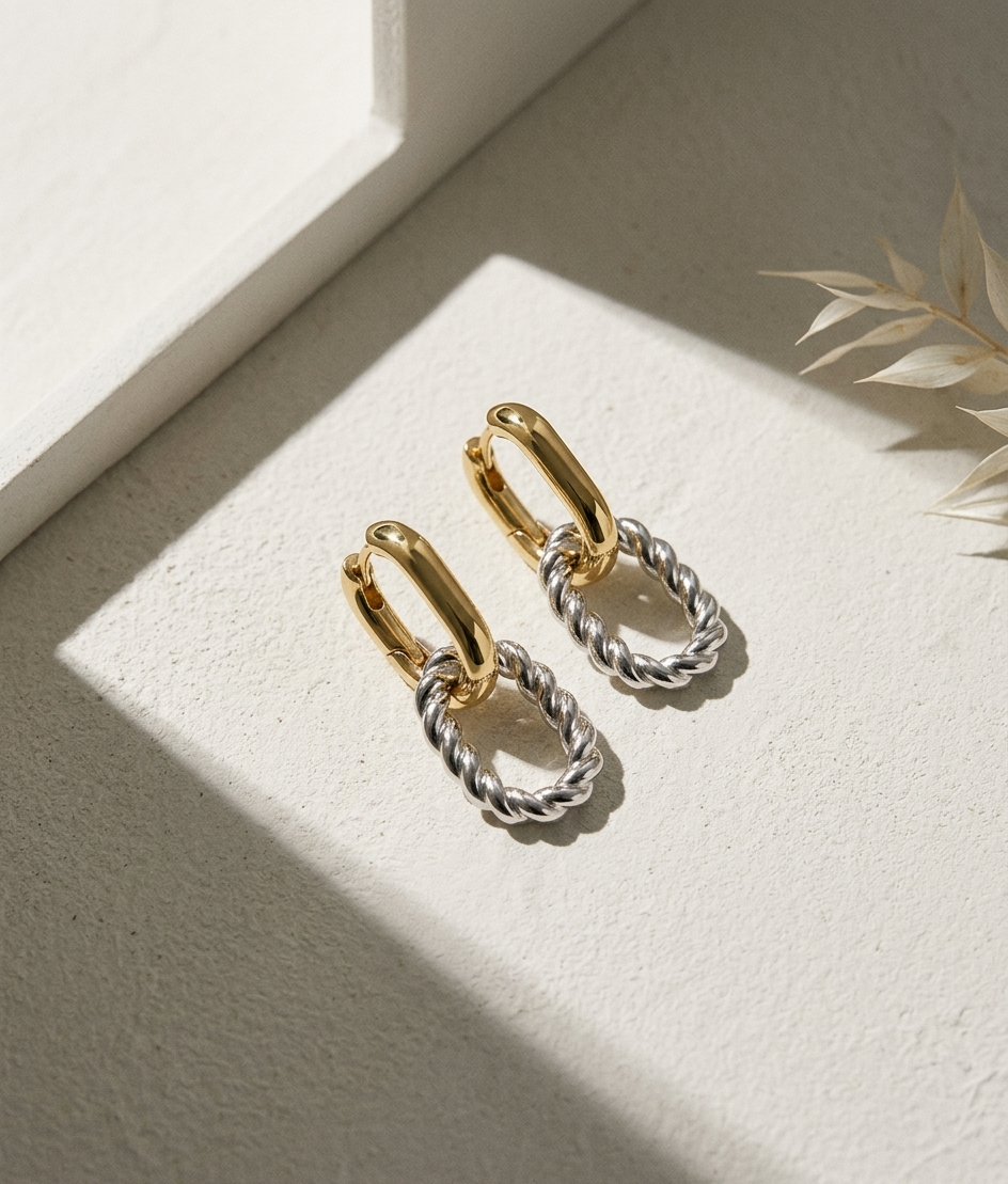 Two-Tone Twisted Rope Link Hoop Drop Earrings