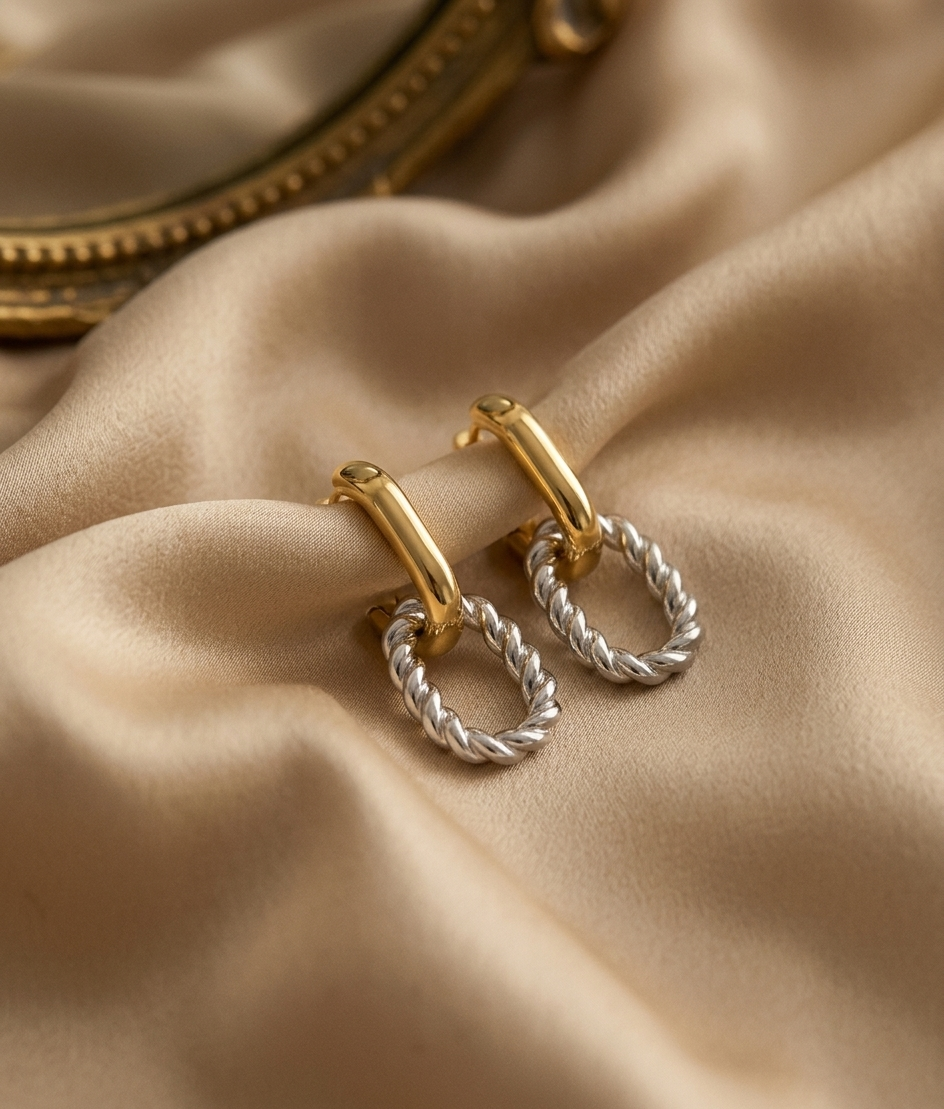 Two-Tone Twisted Rope Link Hoop Drop Earrings