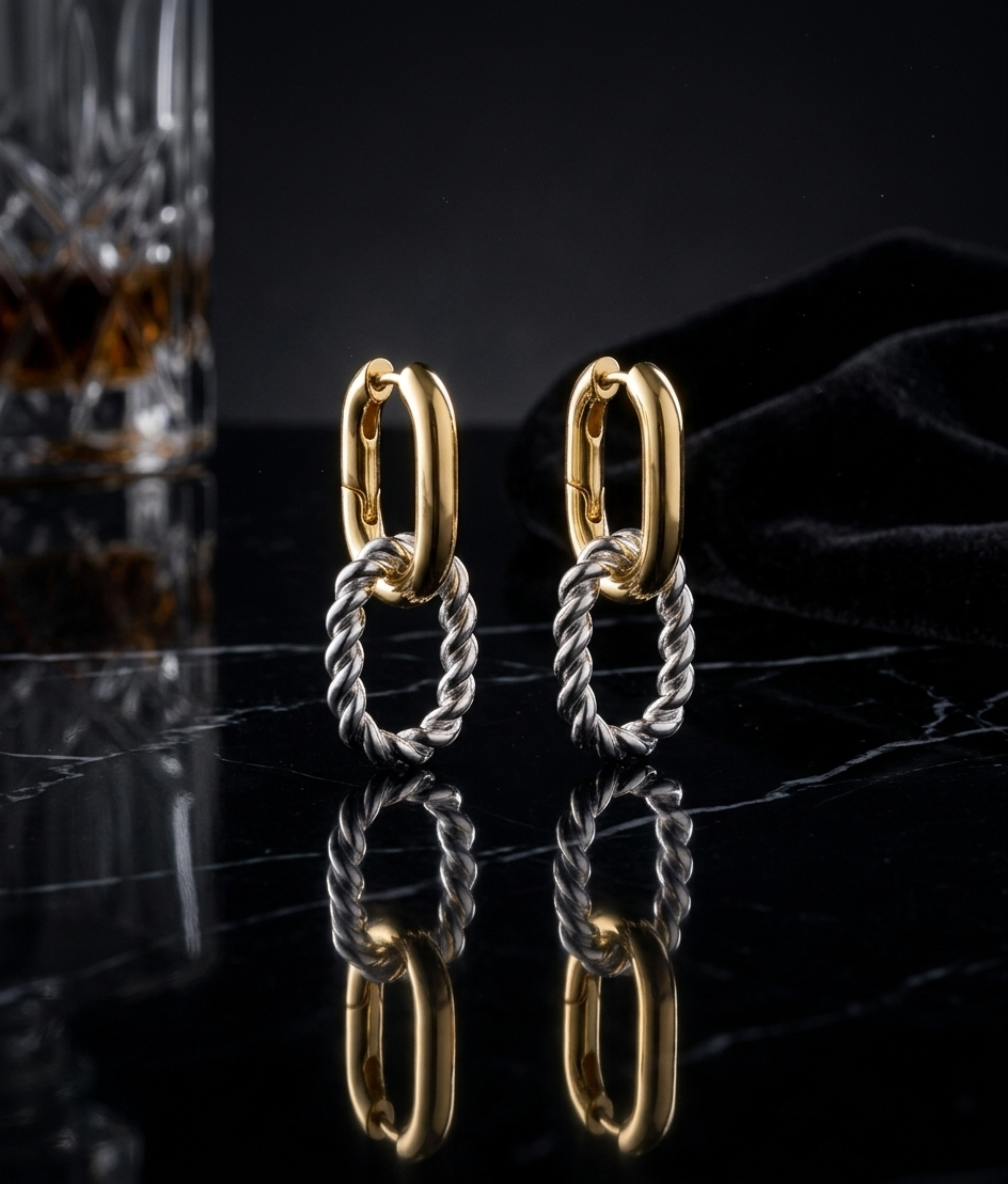 Two-Tone Twisted Rope Link Hoop Drop Earrings