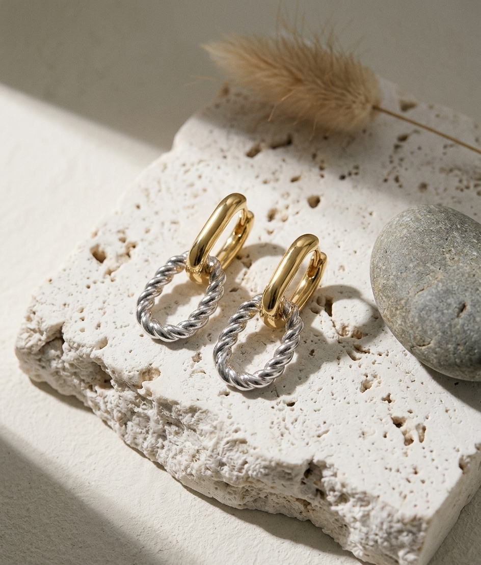 Two-Tone Twisted Rope Link Hoop Drop Earrings