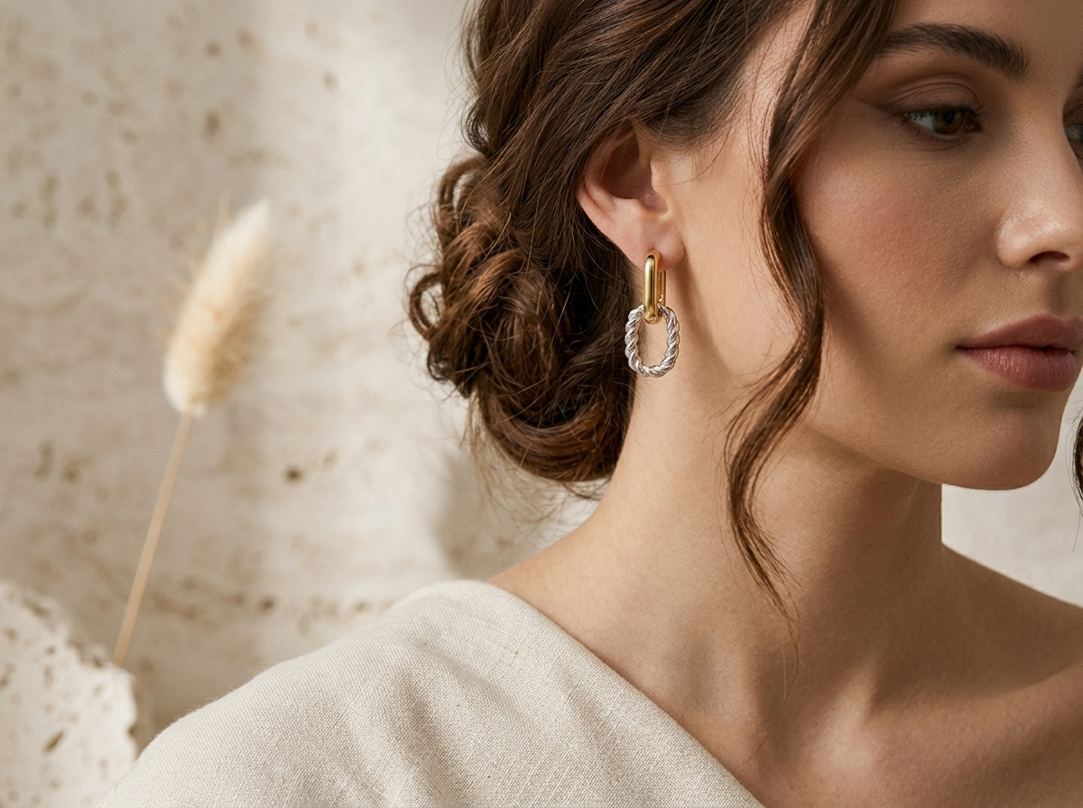 Two-Tone Twisted Rope Link Hoop Drop Earrings