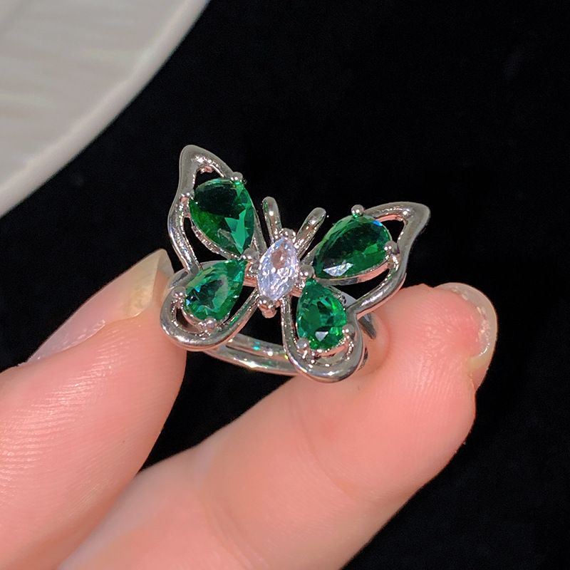 Silver Crystal Butterfly Birthstone Adjustable Statement Ring