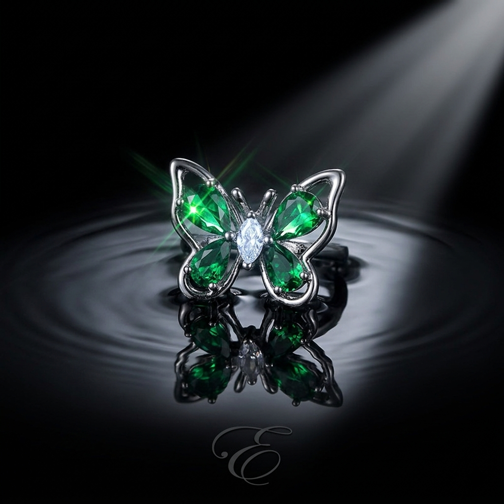 Silver Crystal Butterfly Birthstone Adjustable Statement Ring