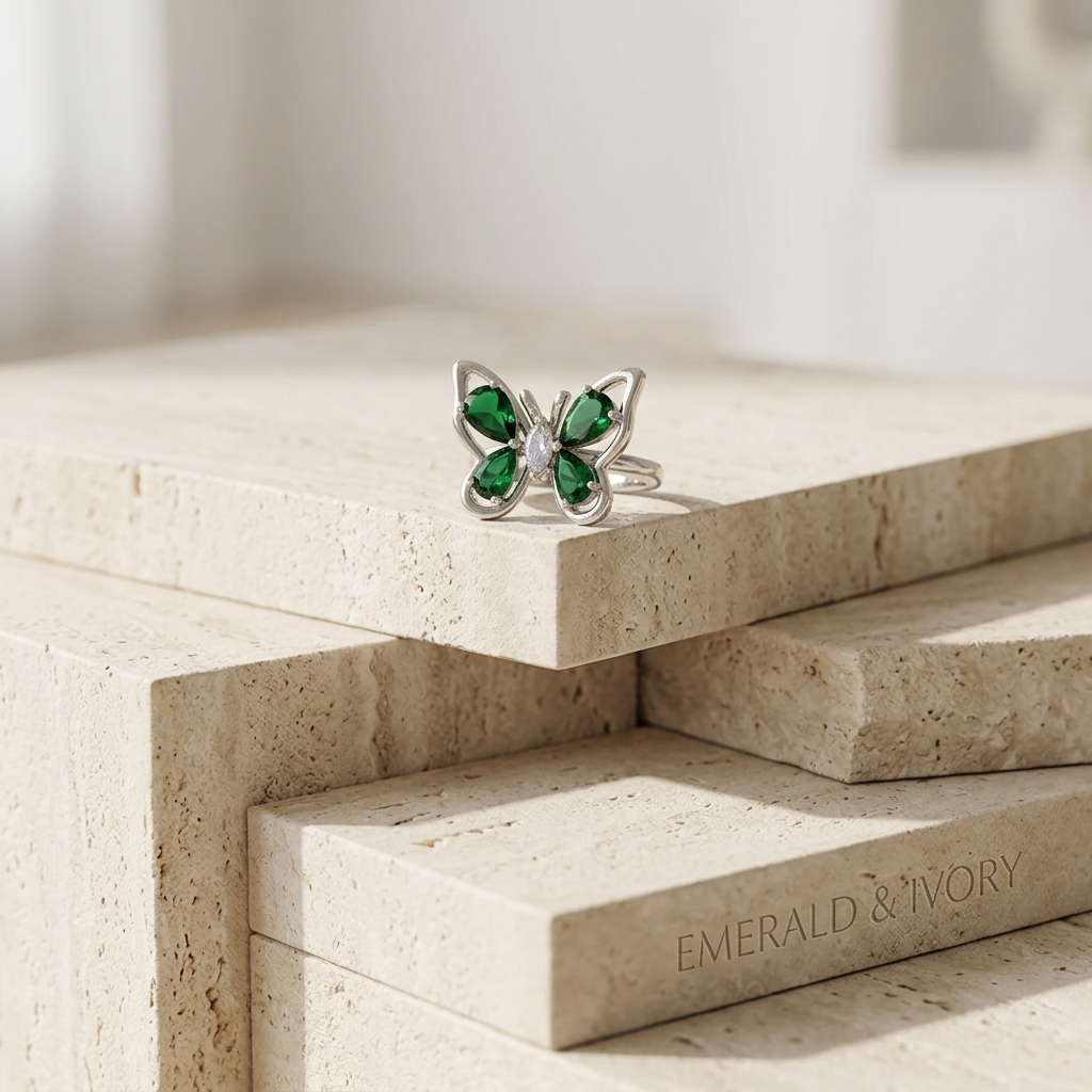 Silver Crystal Butterfly Birthstone Adjustable Statement Ring