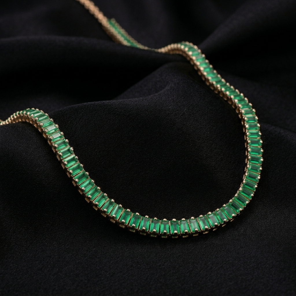 Gold Emerald Green Baguette Crystal Bar Necklace