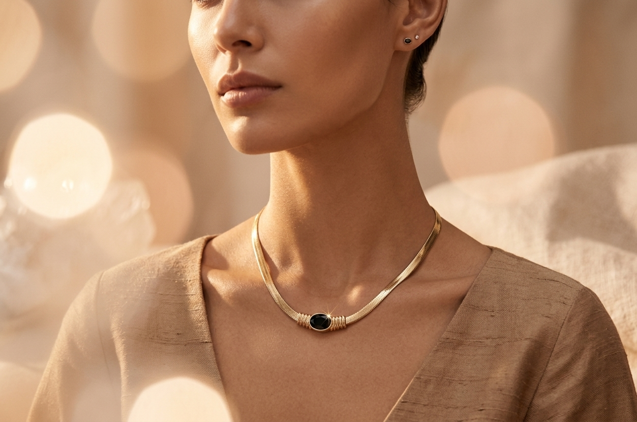 Gold Black Sapphire Crystal Herringbone Snake Necklace
