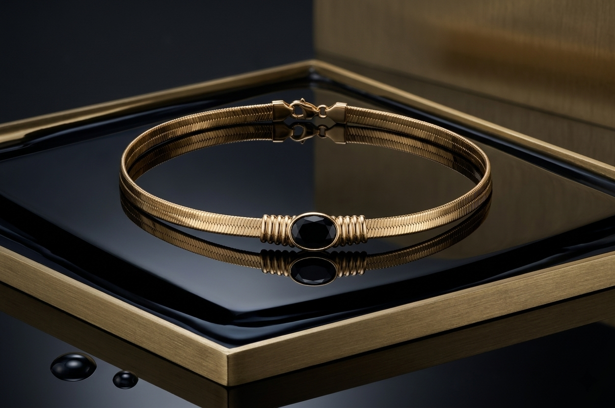Gold Black Sapphire Crystal Herringbone Snake Necklace