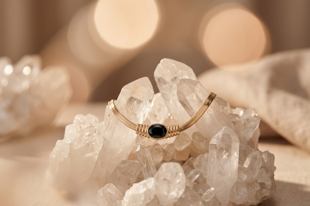 Gold Black Sapphire Crystal Herringbone Snake Necklace