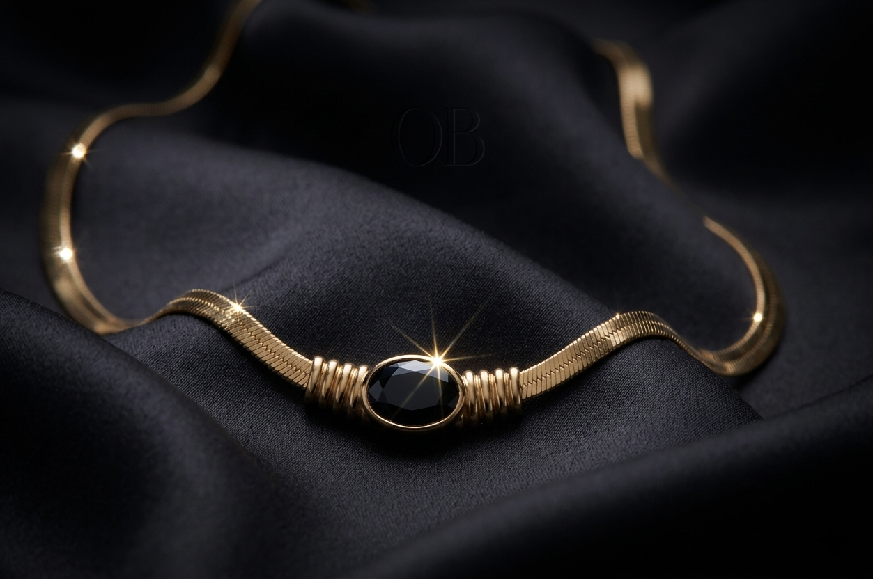 Gold Black Sapphire Crystal Herringbone Snake Necklace
