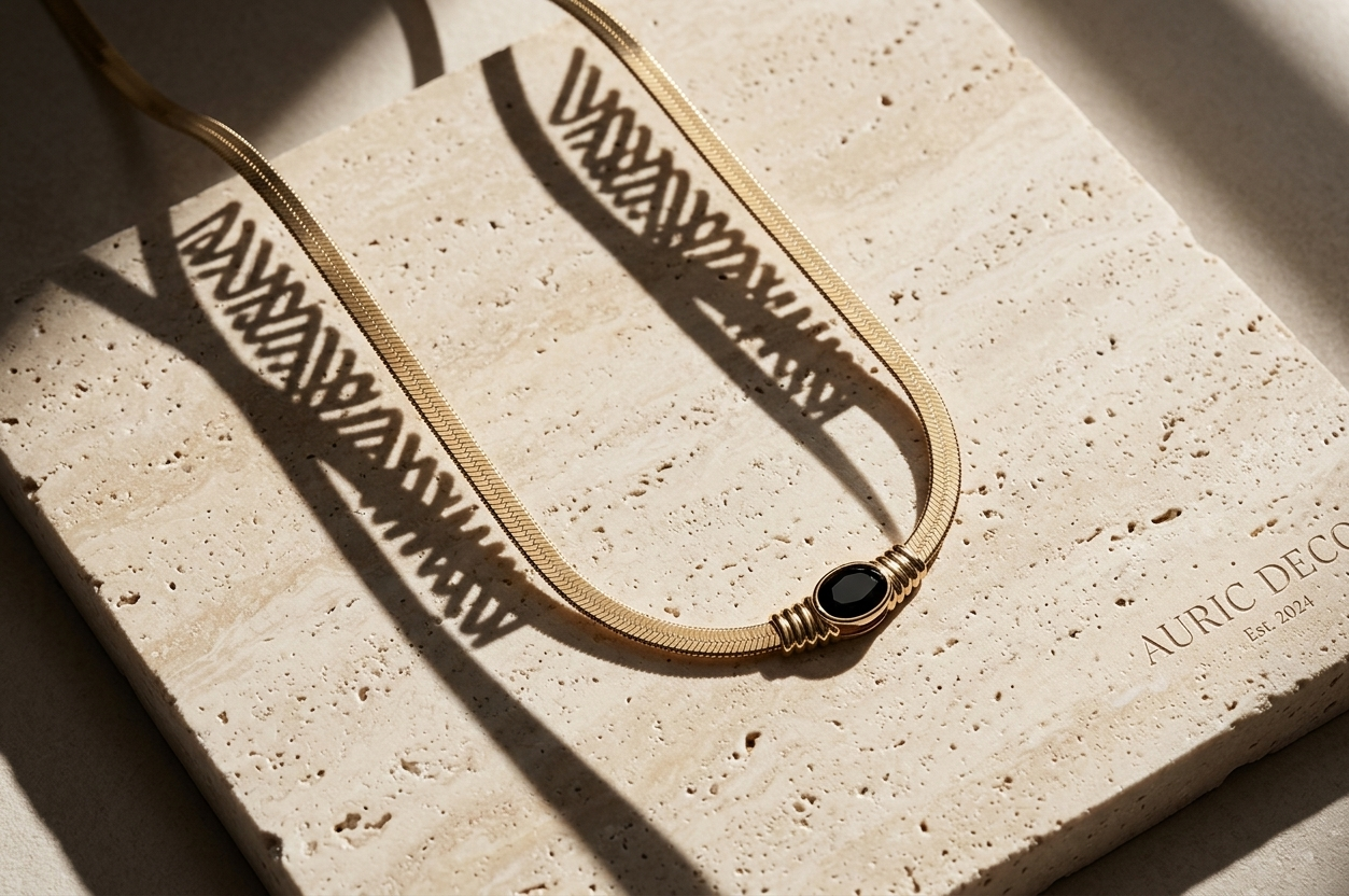 Gold Black Sapphire Crystal Herringbone Snake Necklace