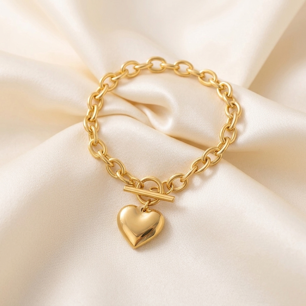 Gold Dainty Beaded Chain Heart Pendant Bracelet