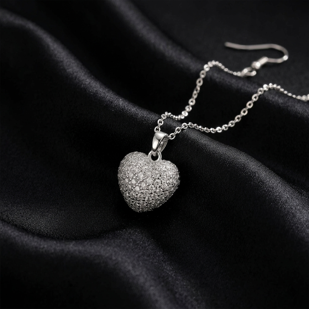 Silver Pave Crystal Open Heart Solitaire Pendant Necklace