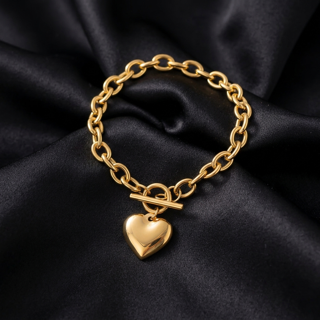 Gold Dainty Beaded Chain Heart Pendant Bracelet