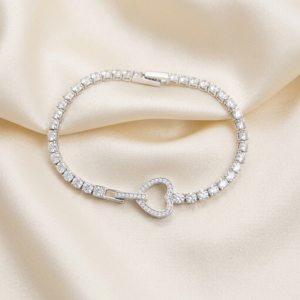 Silver Sparkling Crystal Heart Linked Tennis Bracelet