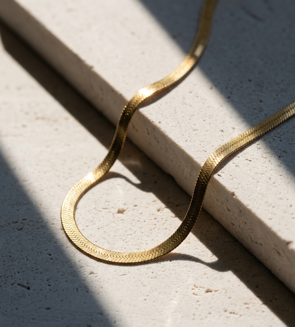 Gold Wide Herringbone Flat Snake Necklace