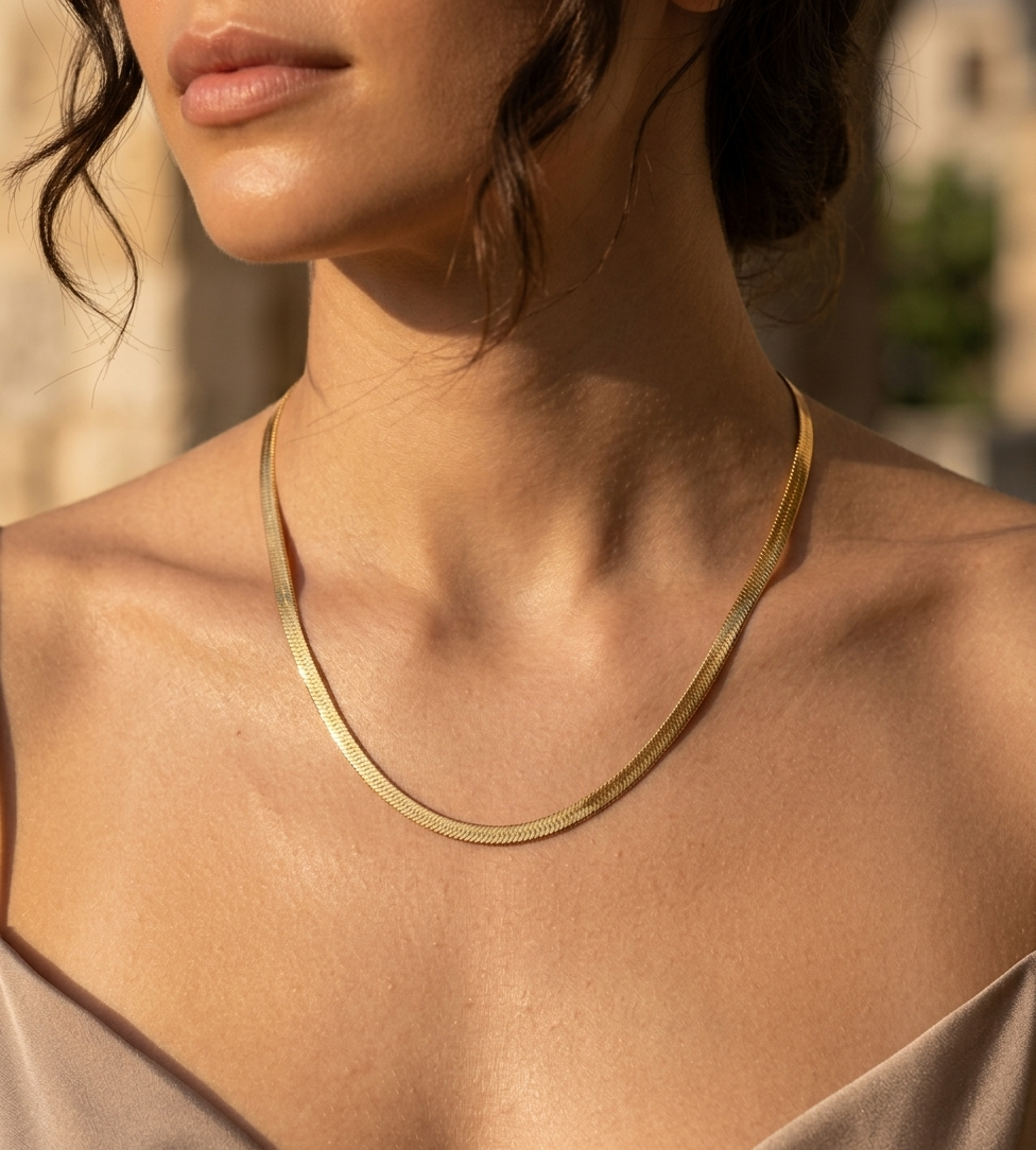 Gold Wide Herringbone Flat Snake Necklace