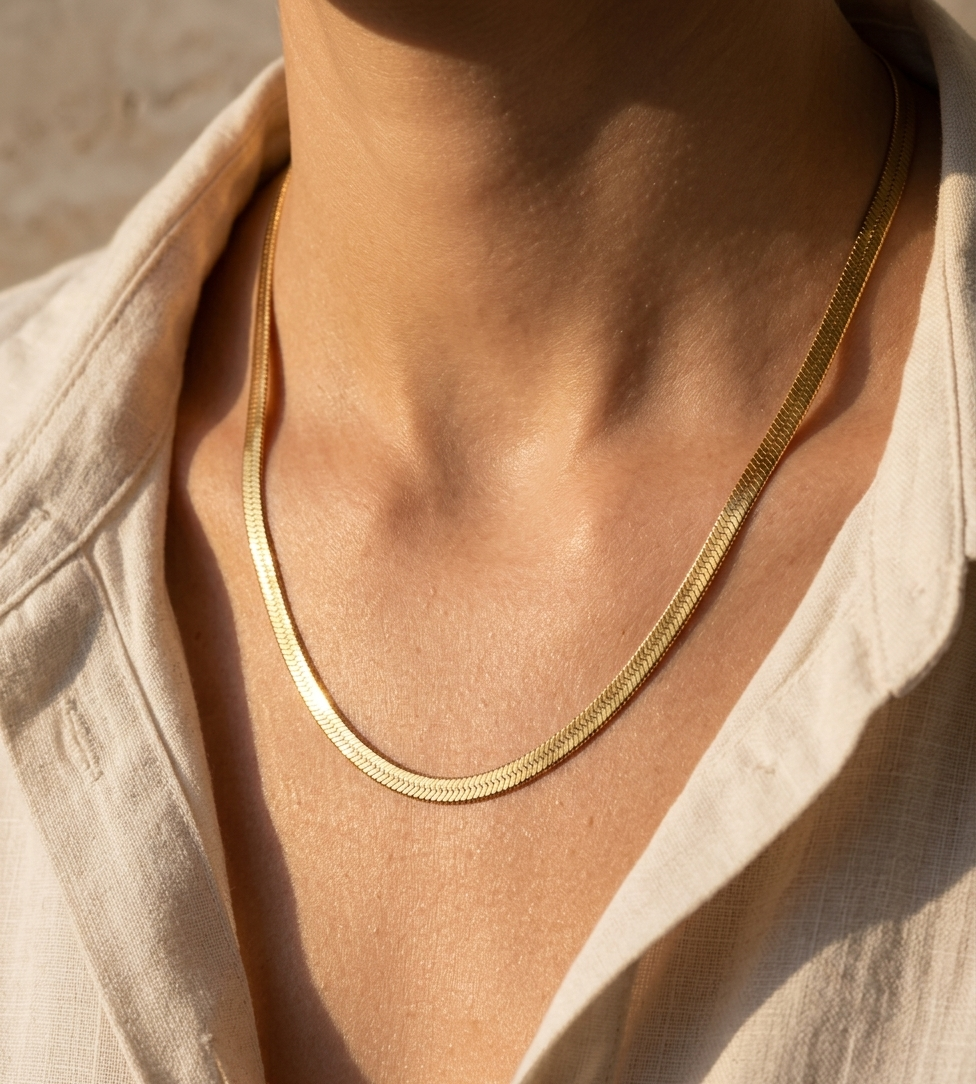 Gold Wide Herringbone Flat Snake Necklace