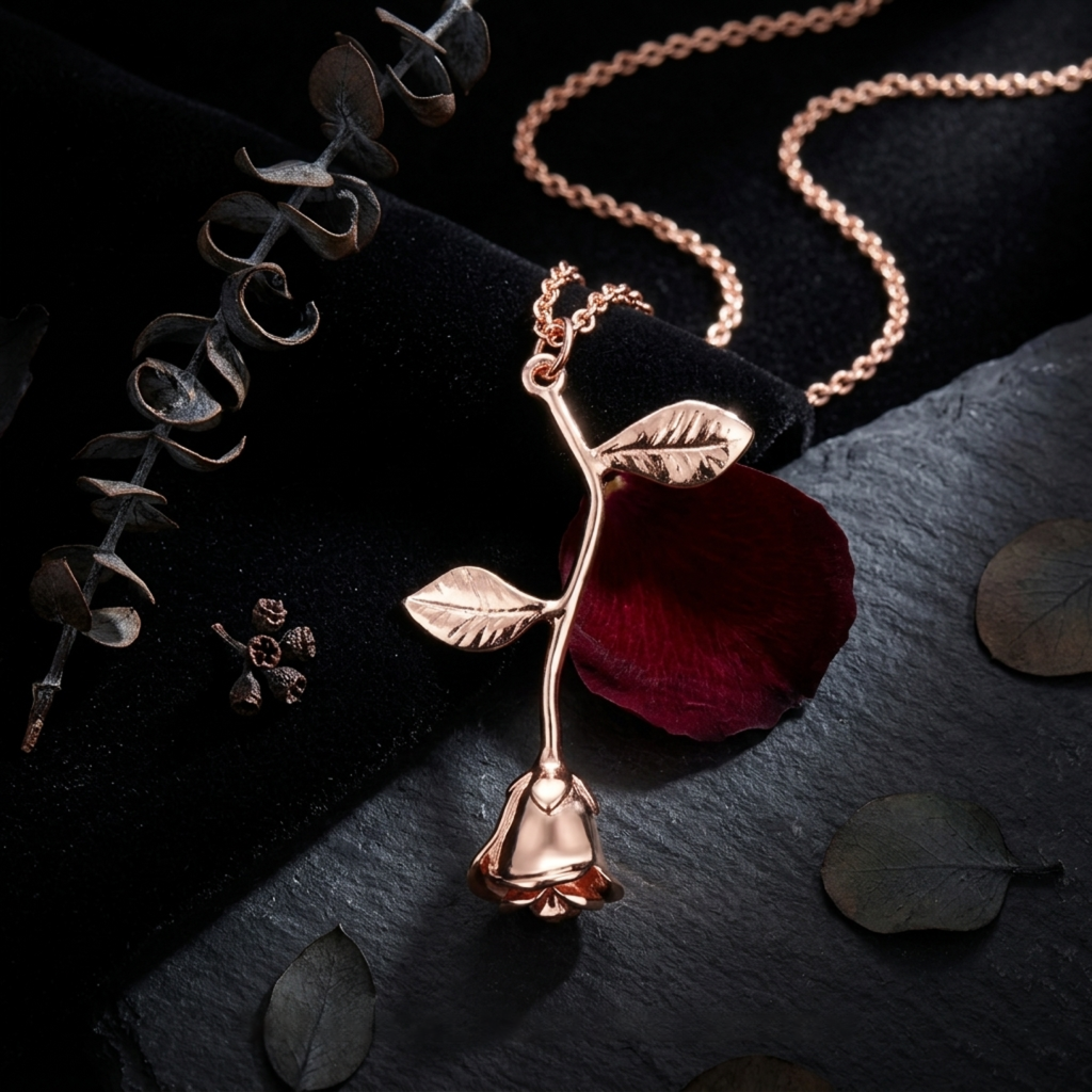 Gold Polished Hanging Rose Flower Necklace