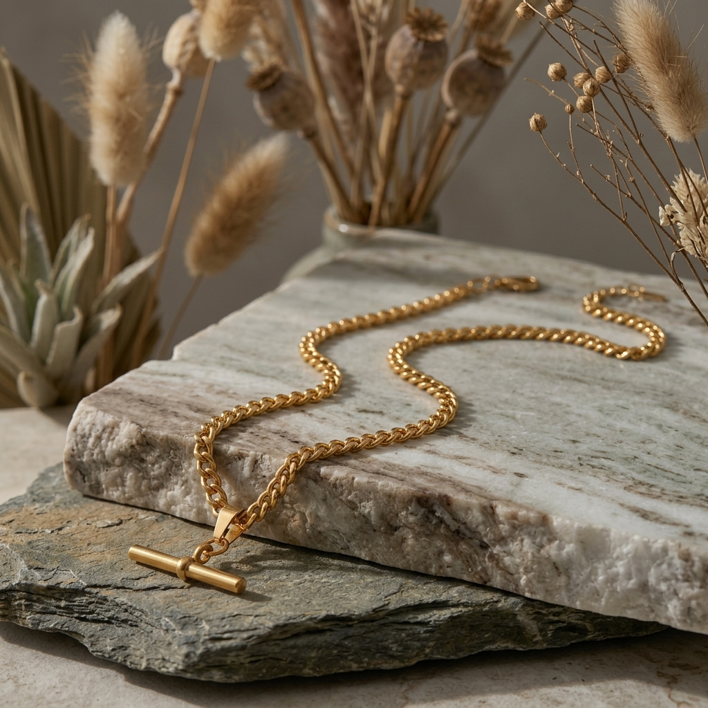 Gold Ridged T-Bar Front Toggle Chain Necklace