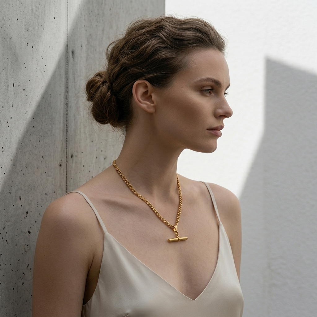 Gold Ridged T-Bar Front Toggle Chain Necklace