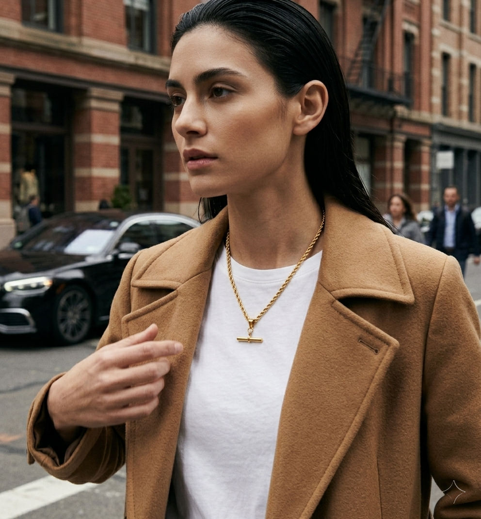 Gold Ridged T-Bar Front Toggle Chain Necklace