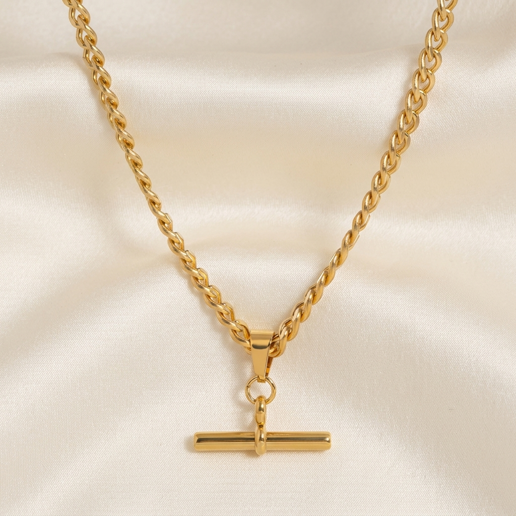 Gold Ridged T-Bar Front Toggle Chain Necklace