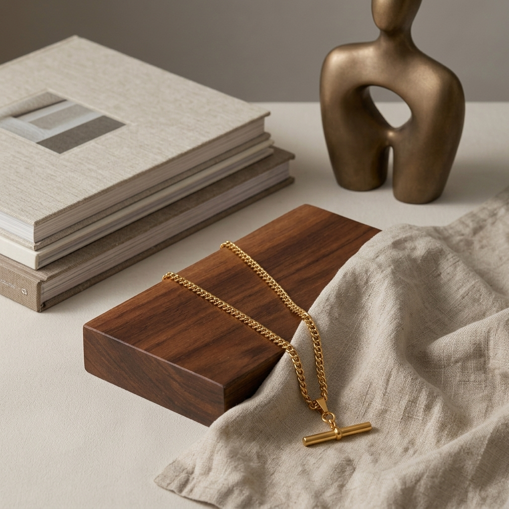 Gold Ridged T-Bar Front Toggle Chain Necklace