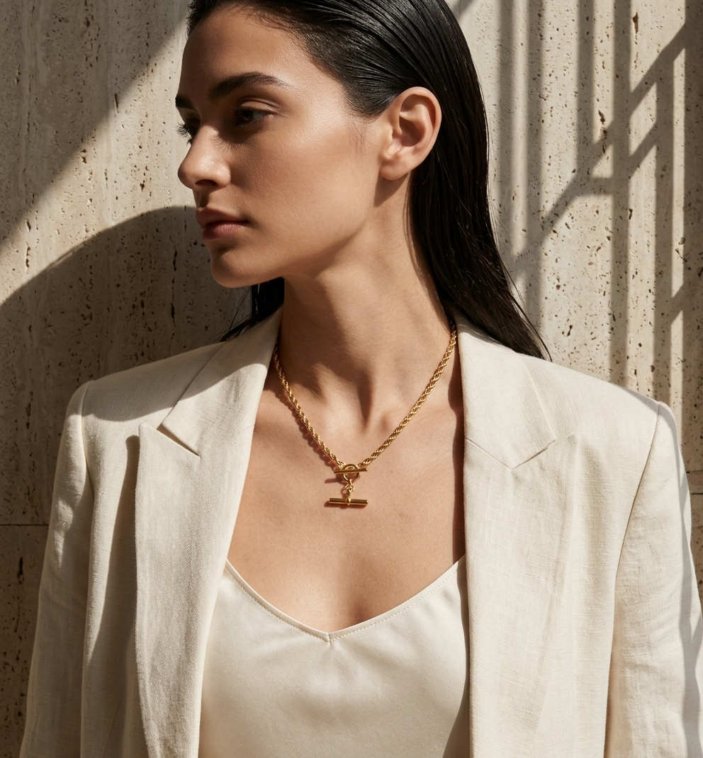 Gold Ridged T-Bar Front Toggle Chain Necklace