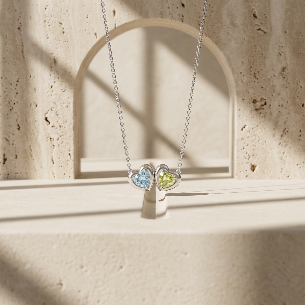 Puffy Heart Pendant with 2 Birthstones