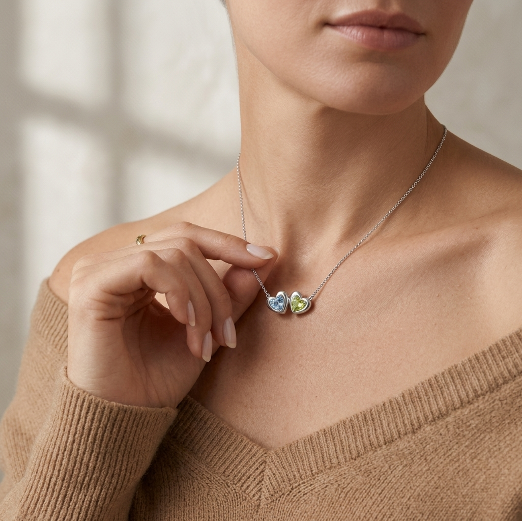 Puffy Heart Pendant with 2 Birthstones