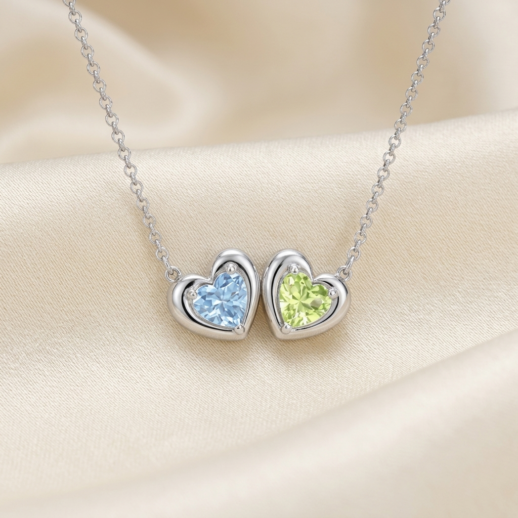 Puffy Heart Pendant with 2 Birthstones