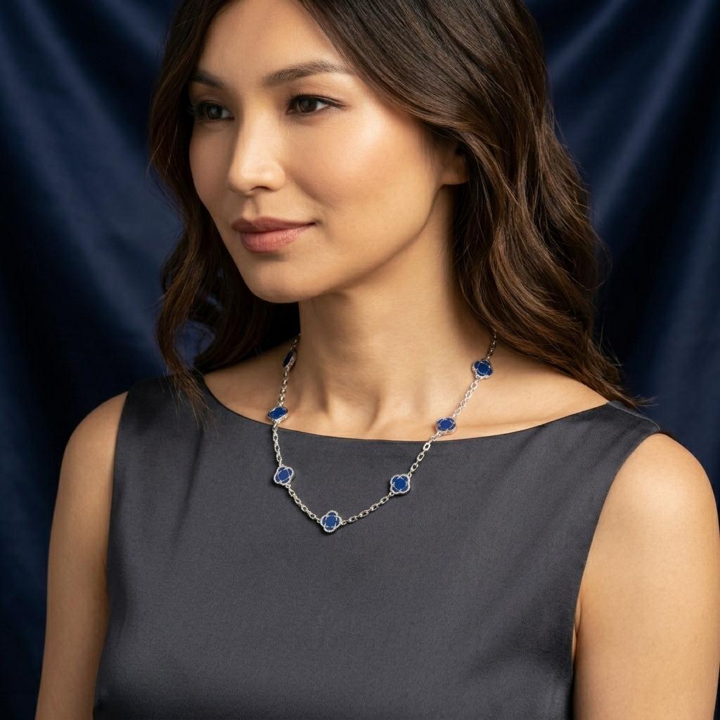 Silver Blue Crystal Clover Leaf Pendant Necklace
