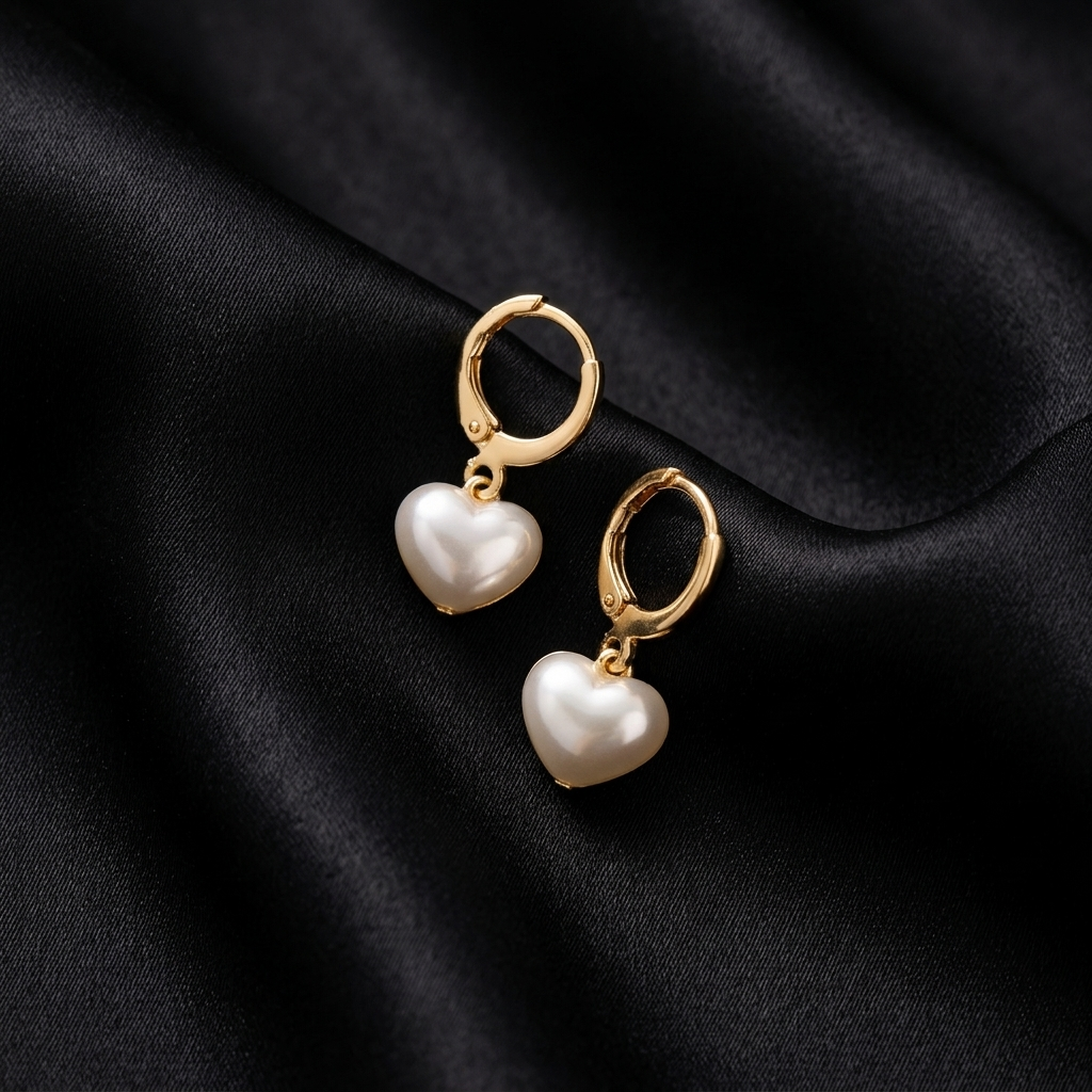 Gold Heart Pearl Drop Huggie Hoop Earrings